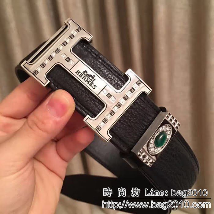 愛馬仕HERMES 太平洋深海鯊魚皮 鑲鑽貓眼石 高端男士皮帶 HHG1207